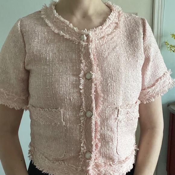 Top: Women's Classic Pink Tweed Button Down Vest with Pearl Buttons - Picture 3 of 13